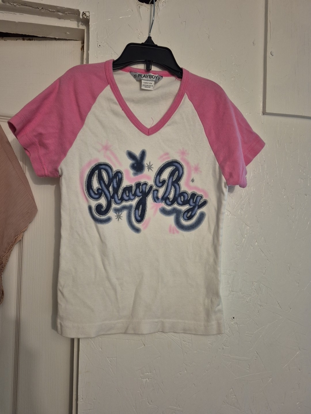 Y2k *RARE*PLAYBOY White Tee with Pink Raglan Sleeves and Navy Grafitti Babytee